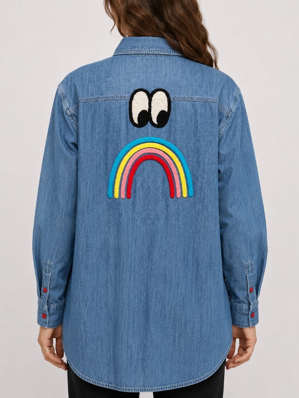 Lazy Oaf Sad Rainbow Shirt Oversized Blue Denim Eye Embroidery Whimsical SM